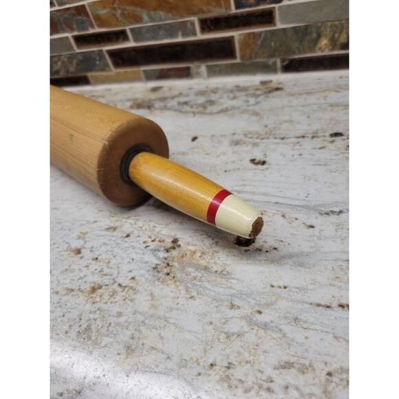 Vintage Wood Rolling Pin, Red Stripe White Handle Ends - Picture 4 of 4